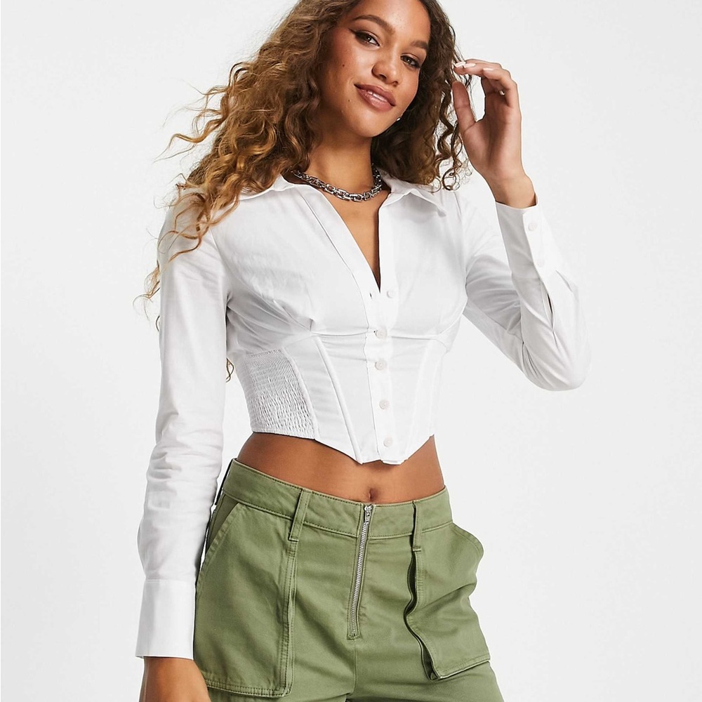 Bershka hook up corset detail shirt in white